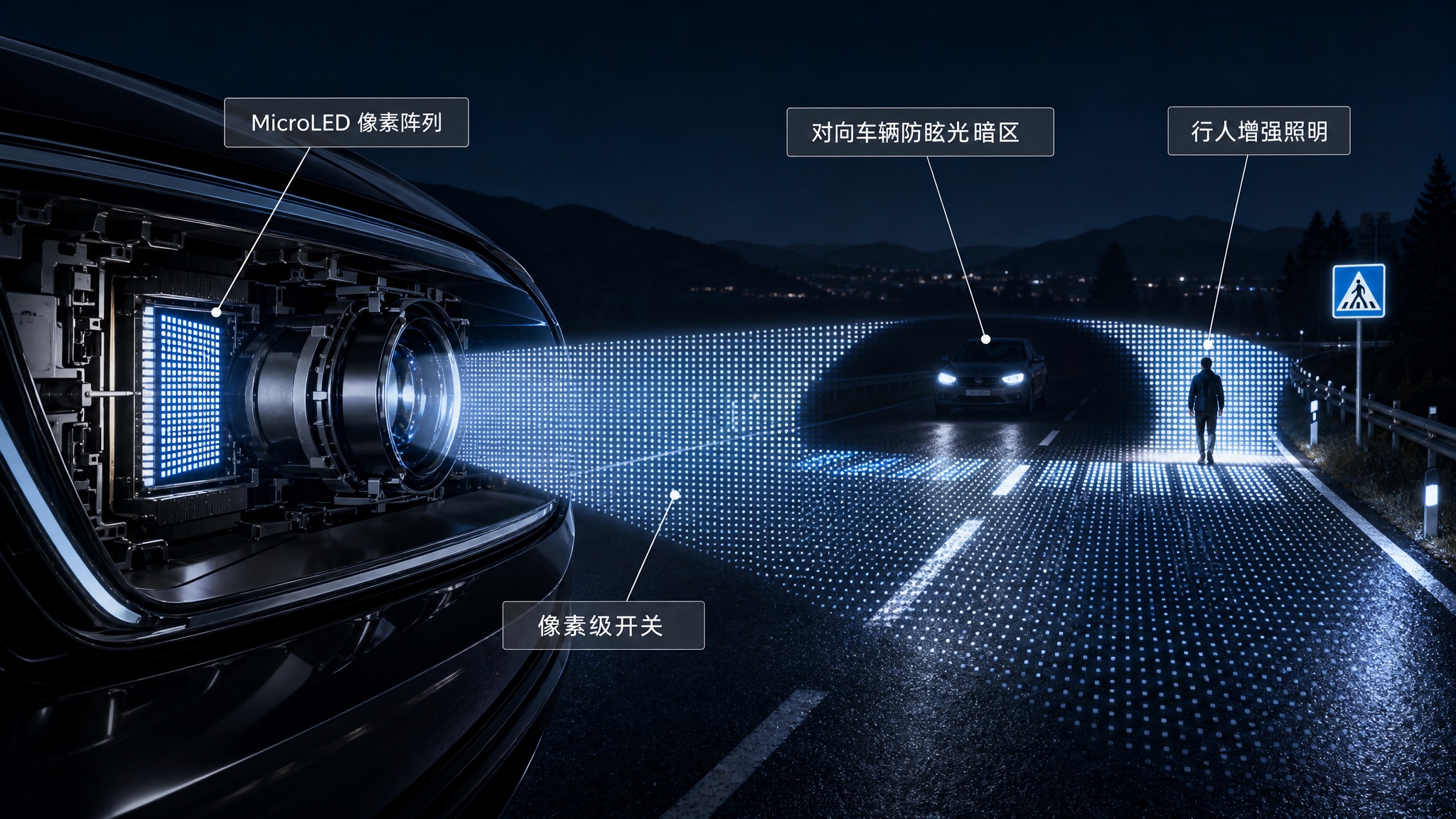 MicroLED ADB 汽车前灯像素级控光示意图：展示 MicroLED 像素阵列、像素级开关、防眩光暗区和行人增强照明